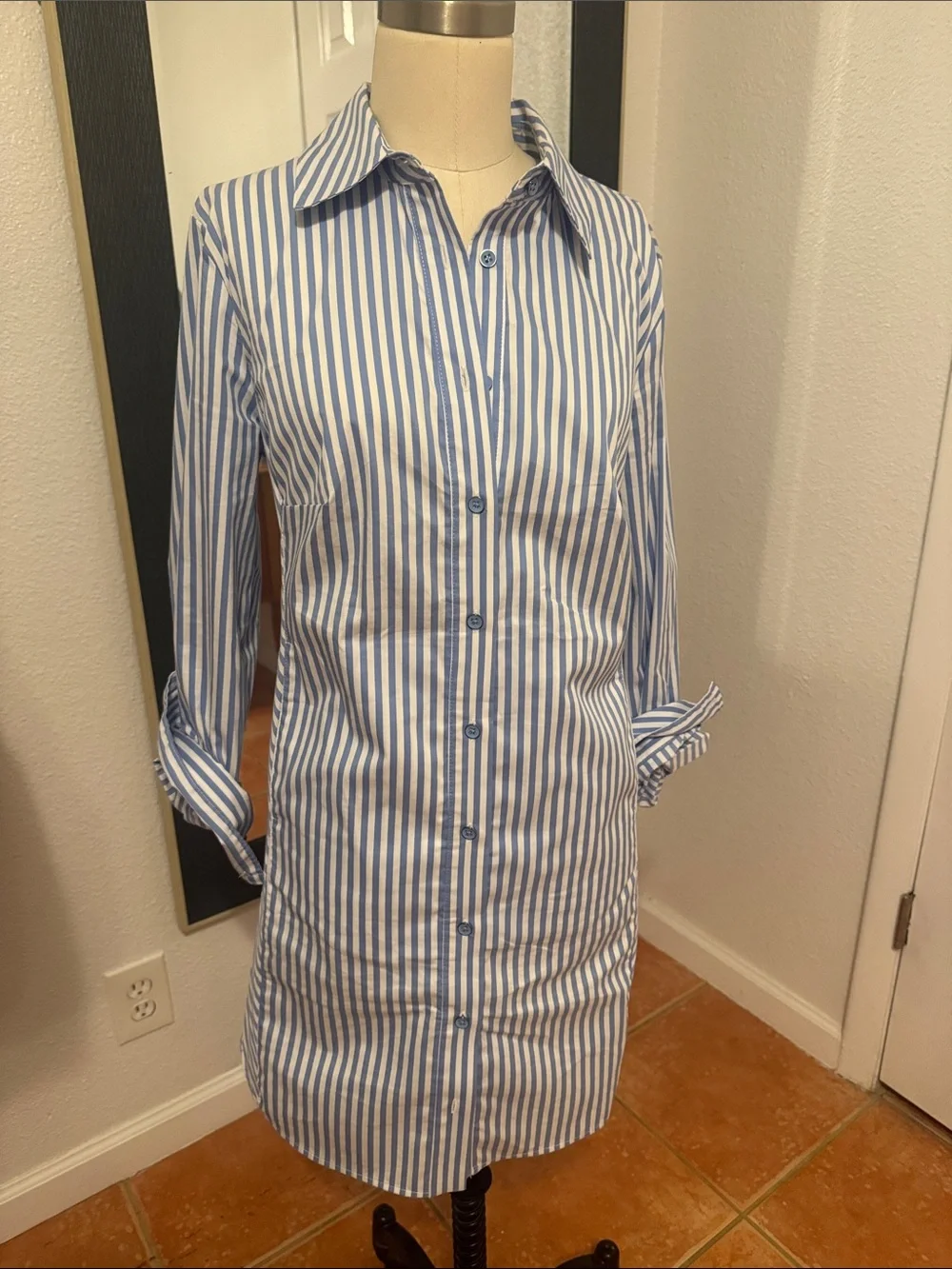 CAbi Blue and White Long-Sleeve Striped Shirt Dress